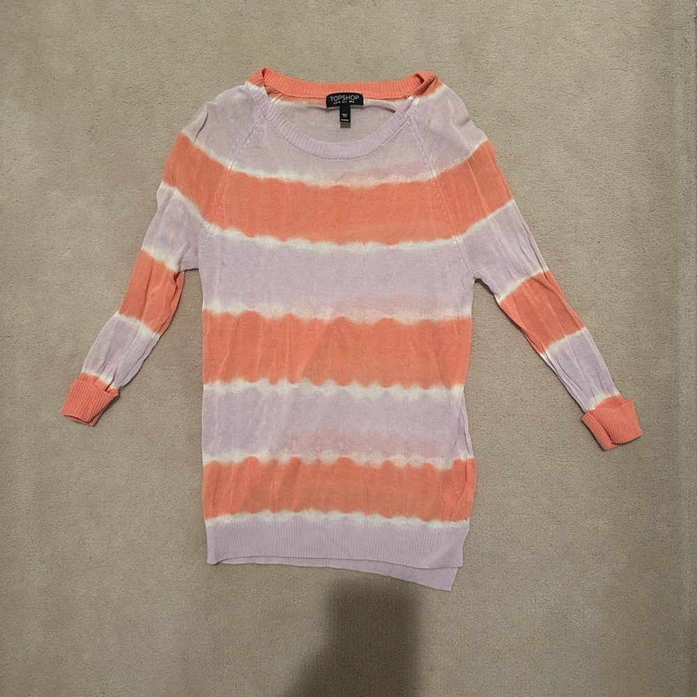 Topshop tie dye long sleeve knit top orange, pink, white size 2